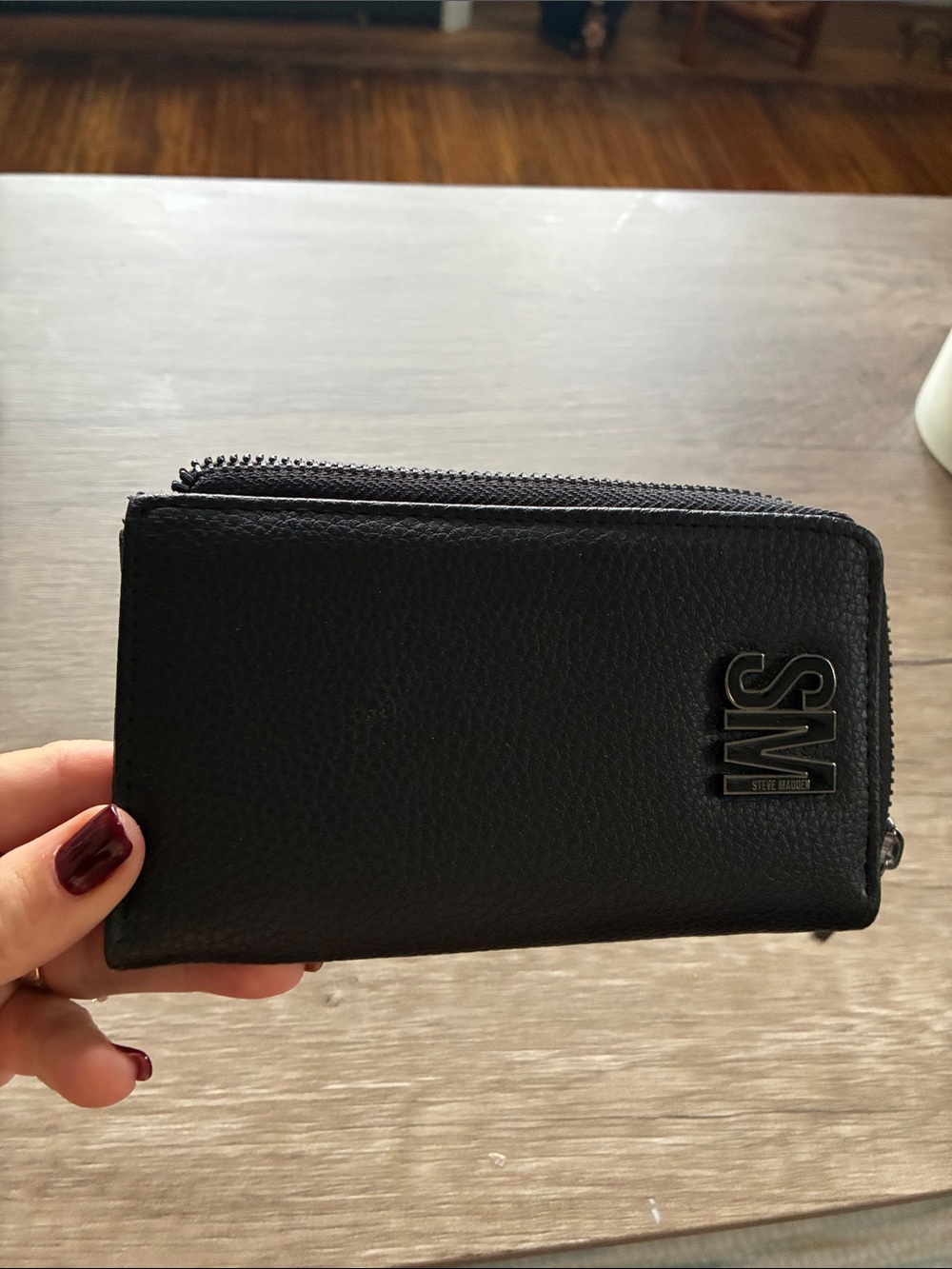 Steve Madden Black Pebbled Zip Wallet with SM Logo